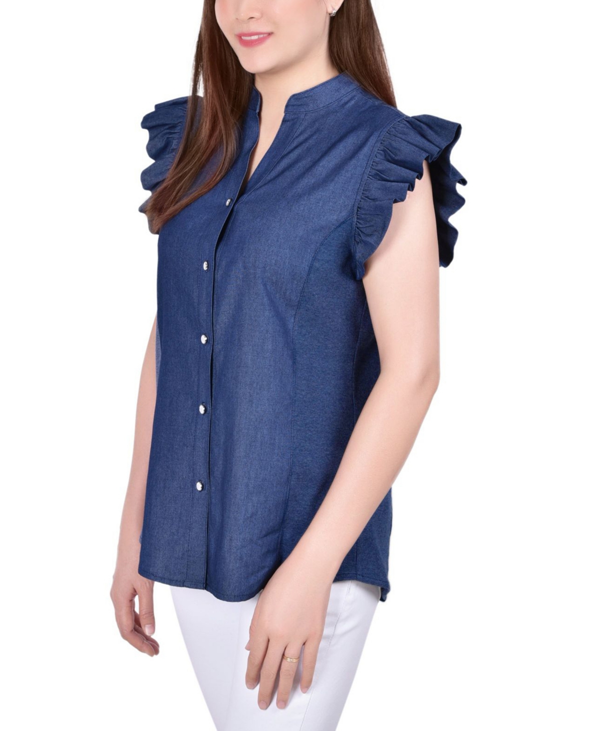 Ny Collection Petite Flutter Sleeve Chambray Top In Blue