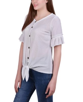 Petite Short Sleeve Tie Waist Swiss Dot Top