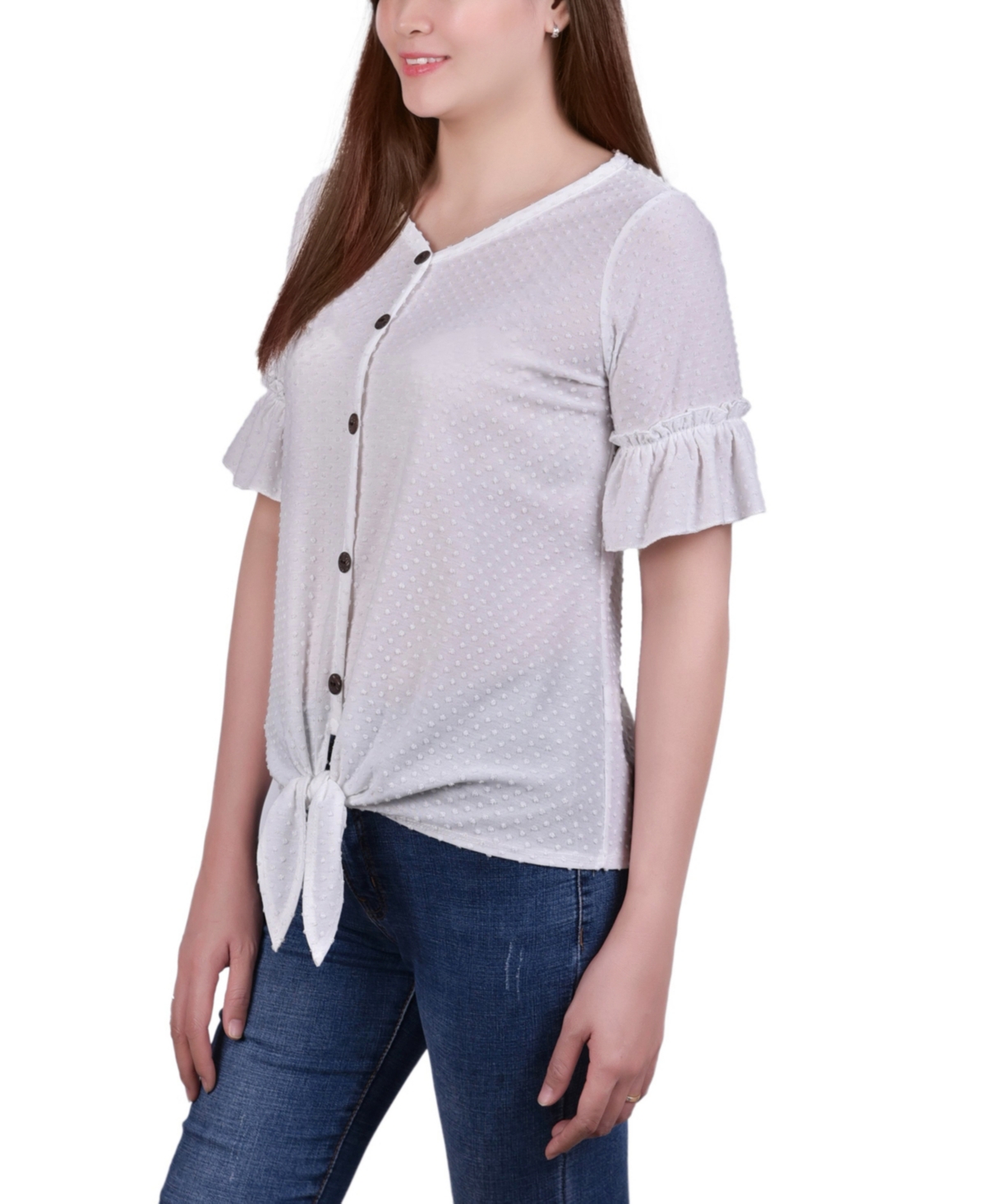 Ny Collection Petite Short Sleeve Tie Waist Swiss Dot Top In White