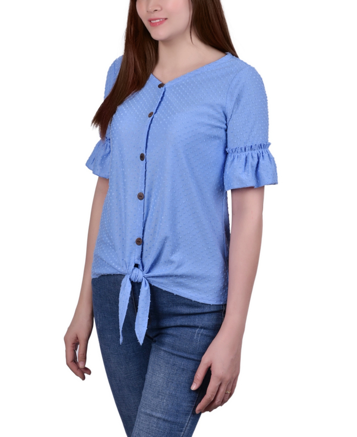 Ny Collection Petite Short Sleeve Tie Waist Swiss Dot Top In Blue