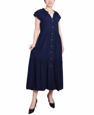 Petite Short Sleeve Midi Slubbed Dress