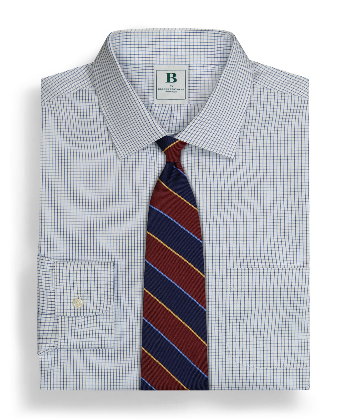 Мужские рубашки B By Brooks Brothers Regular Fit Non-Iron Polo Button-Down Collar Blue Check Pinpoint Dress Shirt, цвет: Синий — фото 4