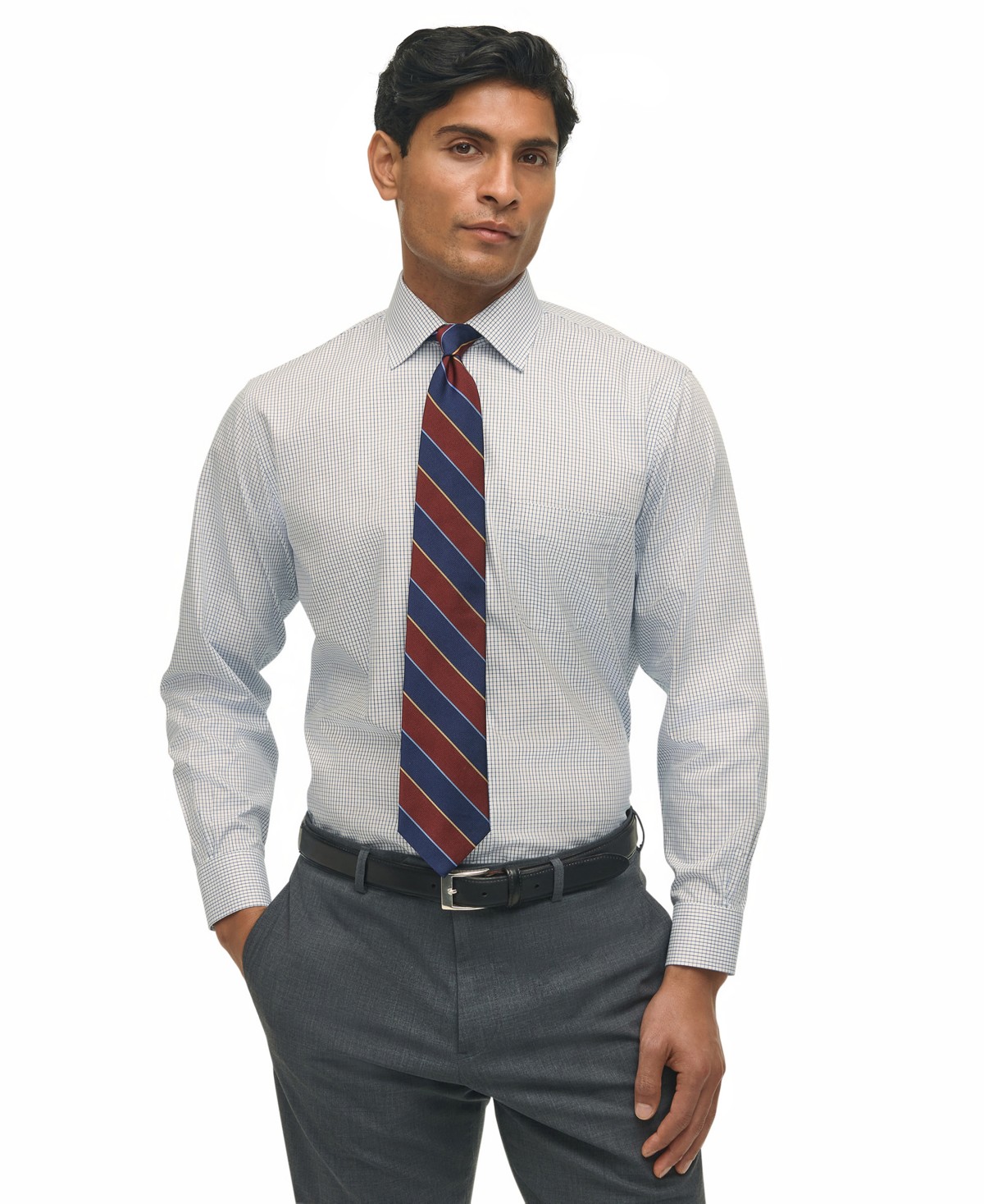 Мужские платья B By Brooks Brothers Men's Regular Fit Non-Iron Polo Button-Down Collar Blue Check Pinpoint Dress Shirt — фото 1