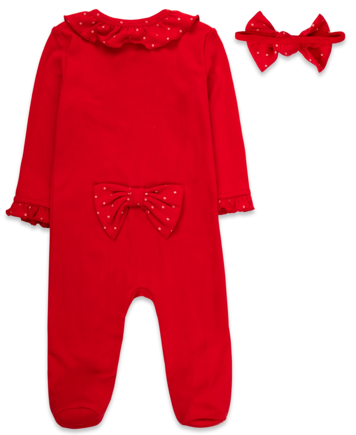 Baby Essentials Baby Girls All-over Bow Footed Coverall And Headband, 2-piece Set In Red