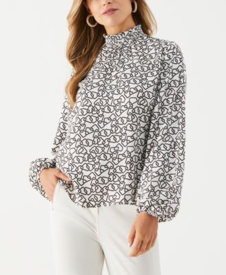 Women's Geo Print Smocked Neck Long Sleeve Top