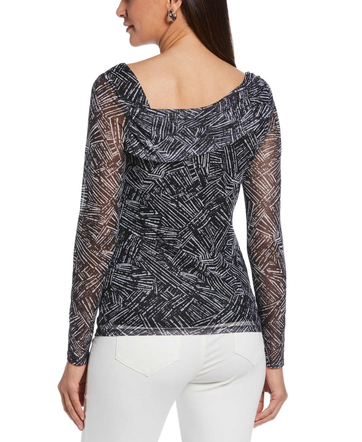 Ella Rafaella Plus Size Printed Asymmetrical Mesh Top In Black