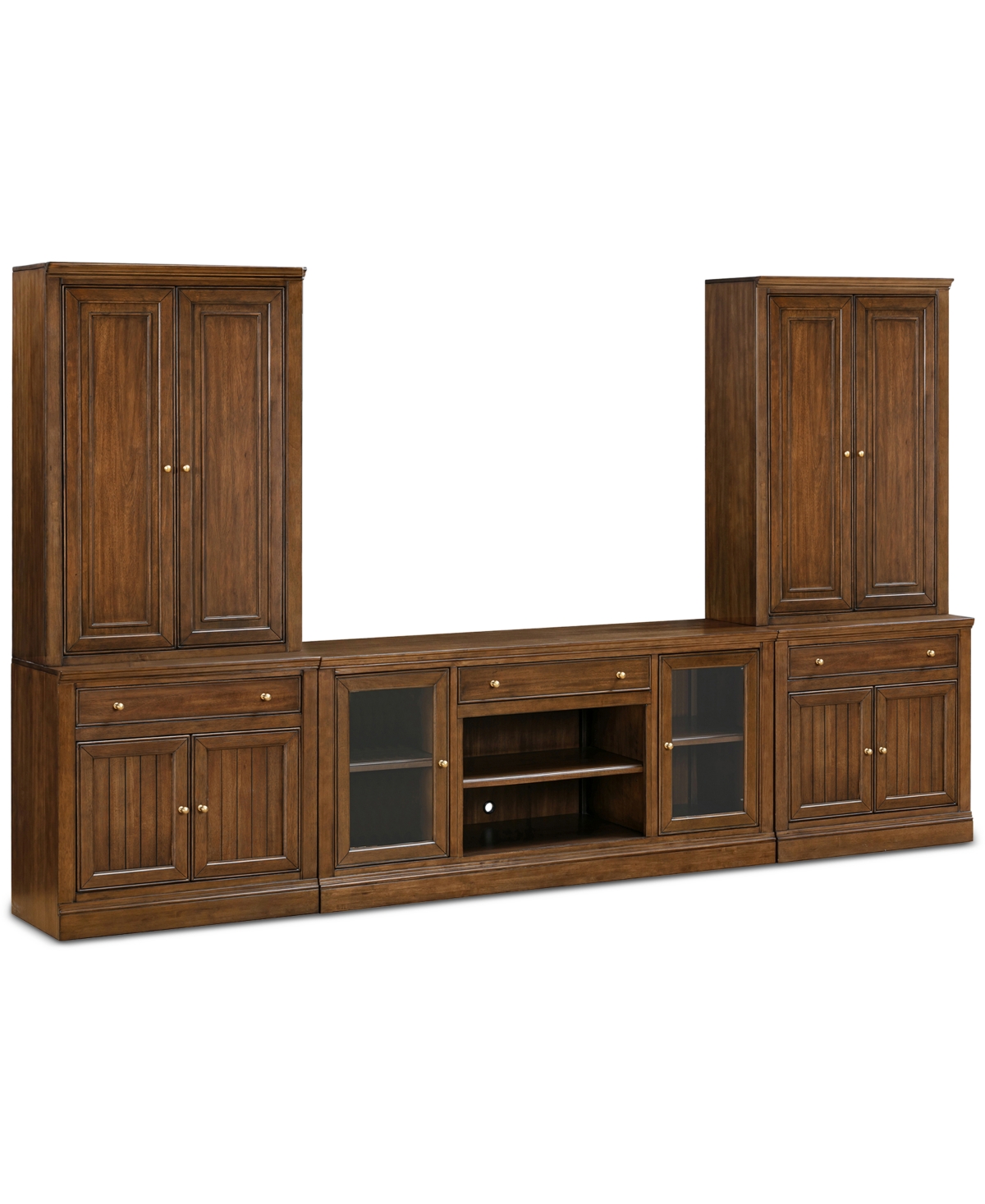 Macy's Amren 65" 2 Door Console With 2 Door Hutches And 2 Door Bases With Drawers And Fireplace Insert In Brown