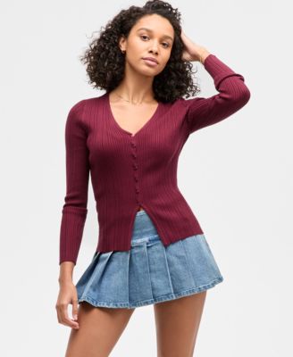 Juniors' V-Neck Ribbed Fine Gauge Flyaway Sweater