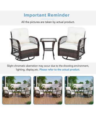 3-piece Outdoor Chair&Table Set Chat Set 2-person Rattan Seating Group with Two Swiveling and Rocking Chairs and a Square Table for Garden, Patio, or Balcony, Brown