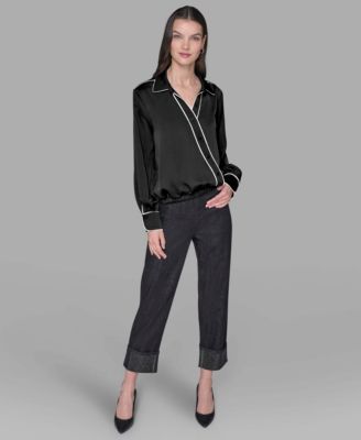 Petite Long Sleeve Crossover Woven Blouse