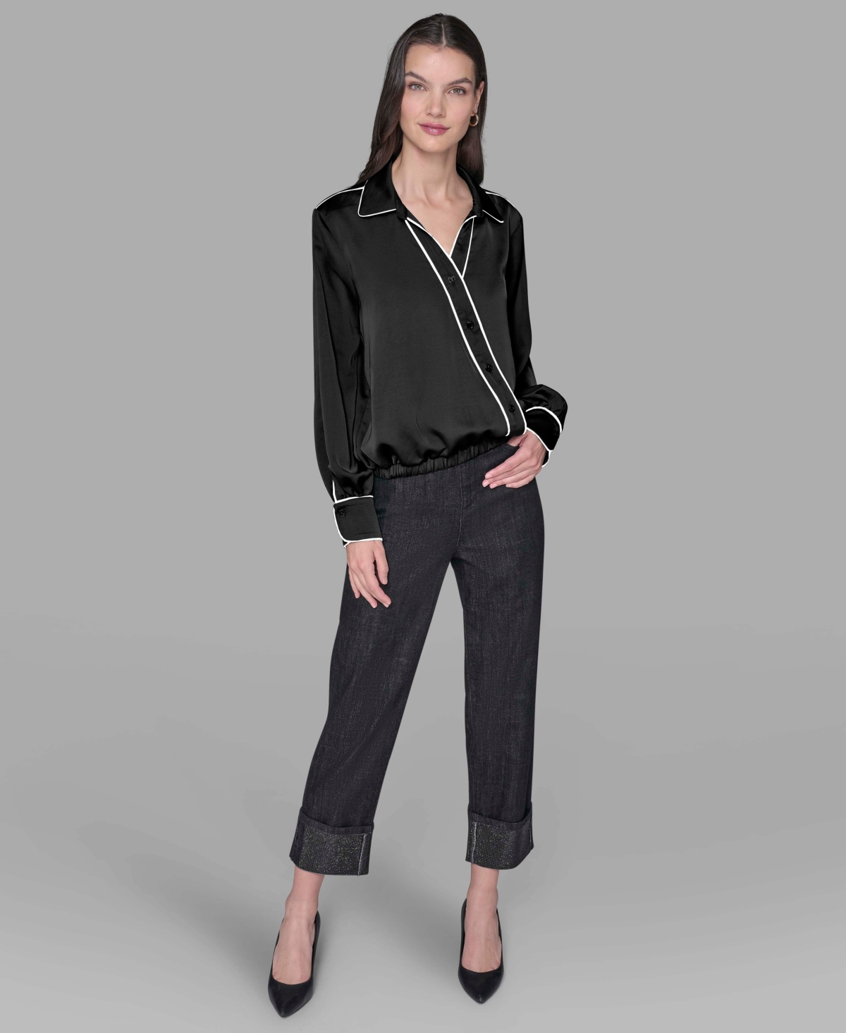 Karl Lagerfeld Petite Long Sleeve Crossover Woven Blouse In Black