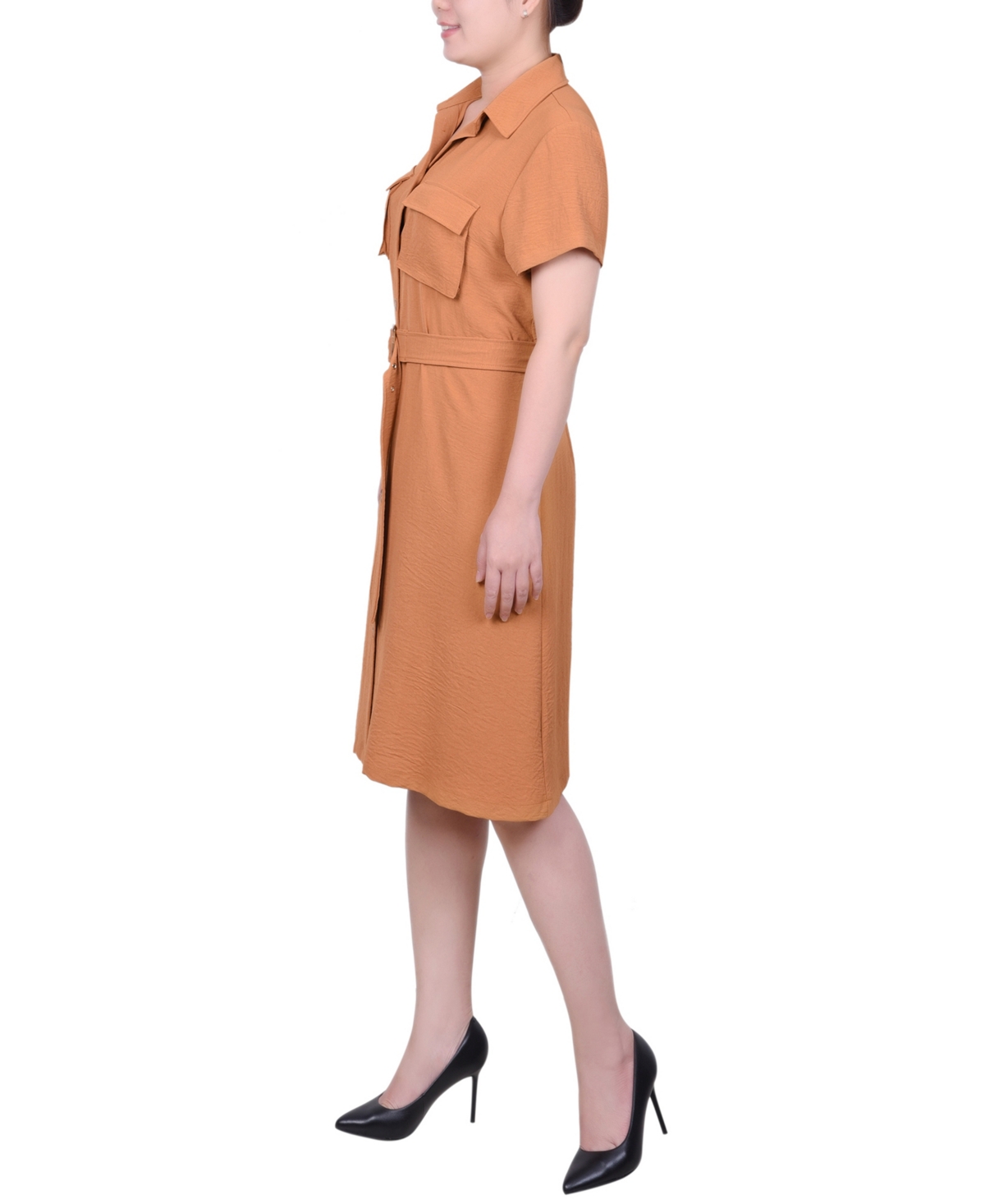 Ny Collection Petite Short Sleeve Belted Shirtdress In Gold