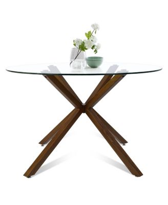 5 Piece Set 39.4 Inch Round Glass Table Upholstered Fabric Chairs Walnut Metal Legs Modern Dining Room Set