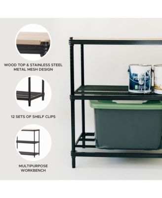 MeshWorks Shelving Rack, Metal Mesh Shelf Unit with Wood Top, Black