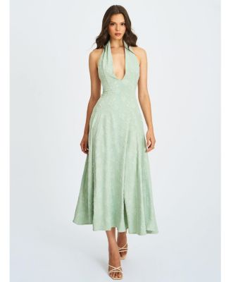 Women Magda Mint Green Deep V Neck Halter A-line Midi Dress