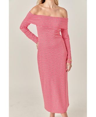 Women's GINGHAM OFF THE SHOULDER MIDI DRESS