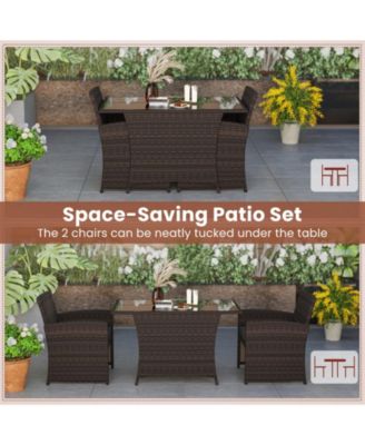 3 Piece Patio Wicker Dining Set 2 Rattan Chairs w/ Rectangle Tempered Glass Dining Table