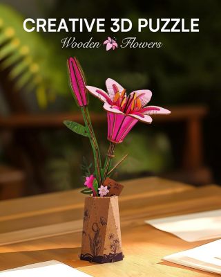 3D Puzzles Pink Lily DIY Model Building Kits Artifical Flower Toys for Thanksgiving Mother's Day, Multicolored, 9.65"6.5"1.65