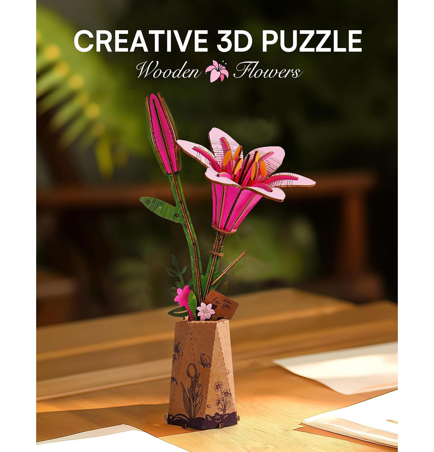 Детские игрушки Robotime 3D Puzzles Pink Lily DIY Model Building Kits Artifical Flower Toys for Thanksgiving Mother's Day, Multicolored, 9.65"6.5"1.65 — фото 3