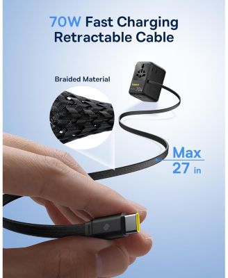 70W Universal Travel Adapter with Retractable Cable, 6-in-1 International Plug Adapter, USB-C PD Fast Charging Worldwide Wall Charger