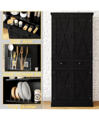 Kitchen Pantry Storage Cabinet 72.6" H, with Barn Doors, Drawer, Black
