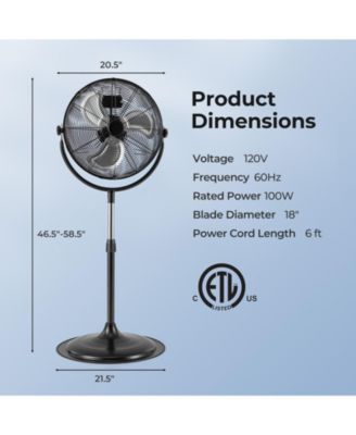 18 Inches High Velocity Pedestal Fan with 3 Speeds and Adjustable Height