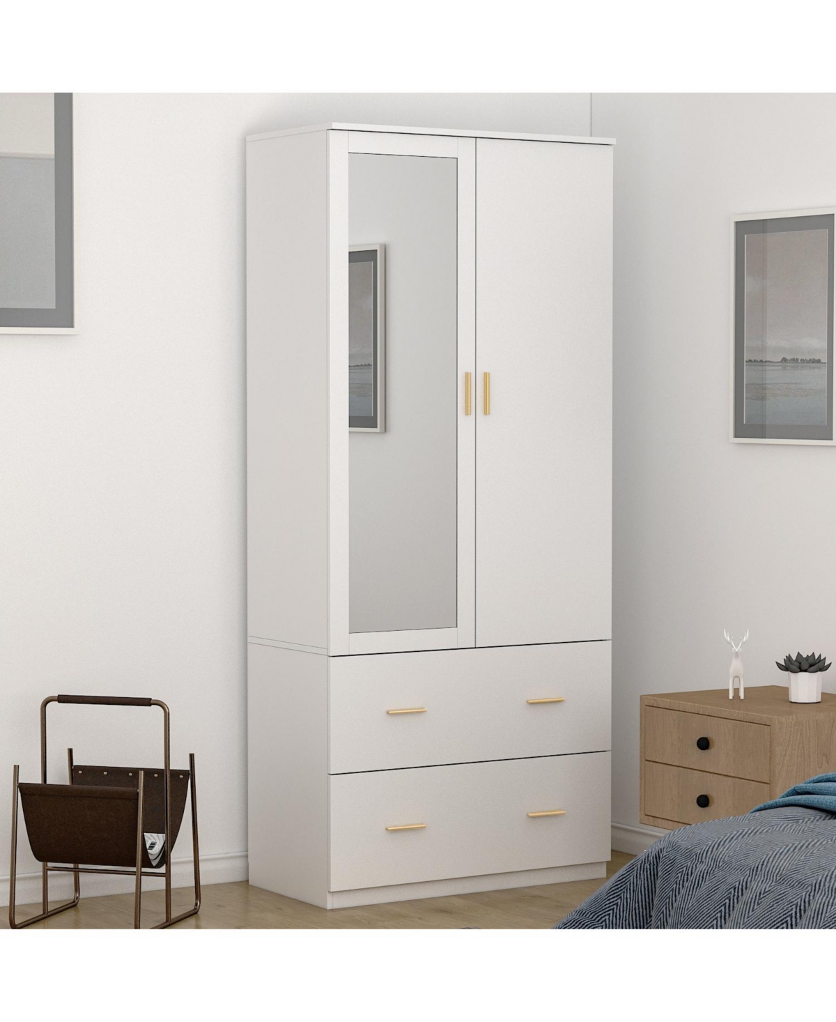 Wardrobe with Mirror and 2-Door 2-Drawer, Bedroom Armoire, Closet