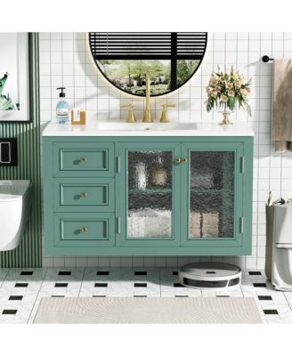 36" Wall Mounted Bathroom Vanity with Ceramic Sink and 3 Drawers, Solid Wood Frame