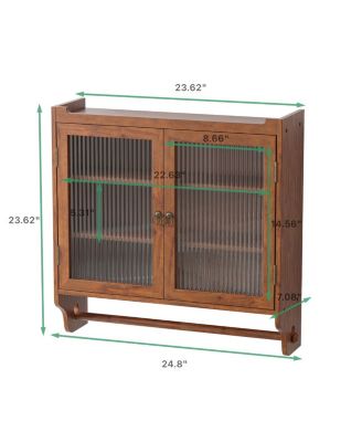 CASAINC 24.8" Vintage Wall-Mounted Bathroom Cabinet with Glass Double Doors, 3 Tiers and Towel Rack