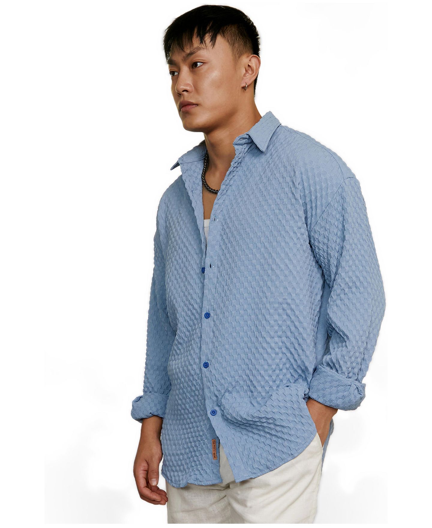 Мужская рубашка Cahoot Campus Sutra Cornflower Blue Cubic-Textured Oversized, цвет: Синий — фото 3