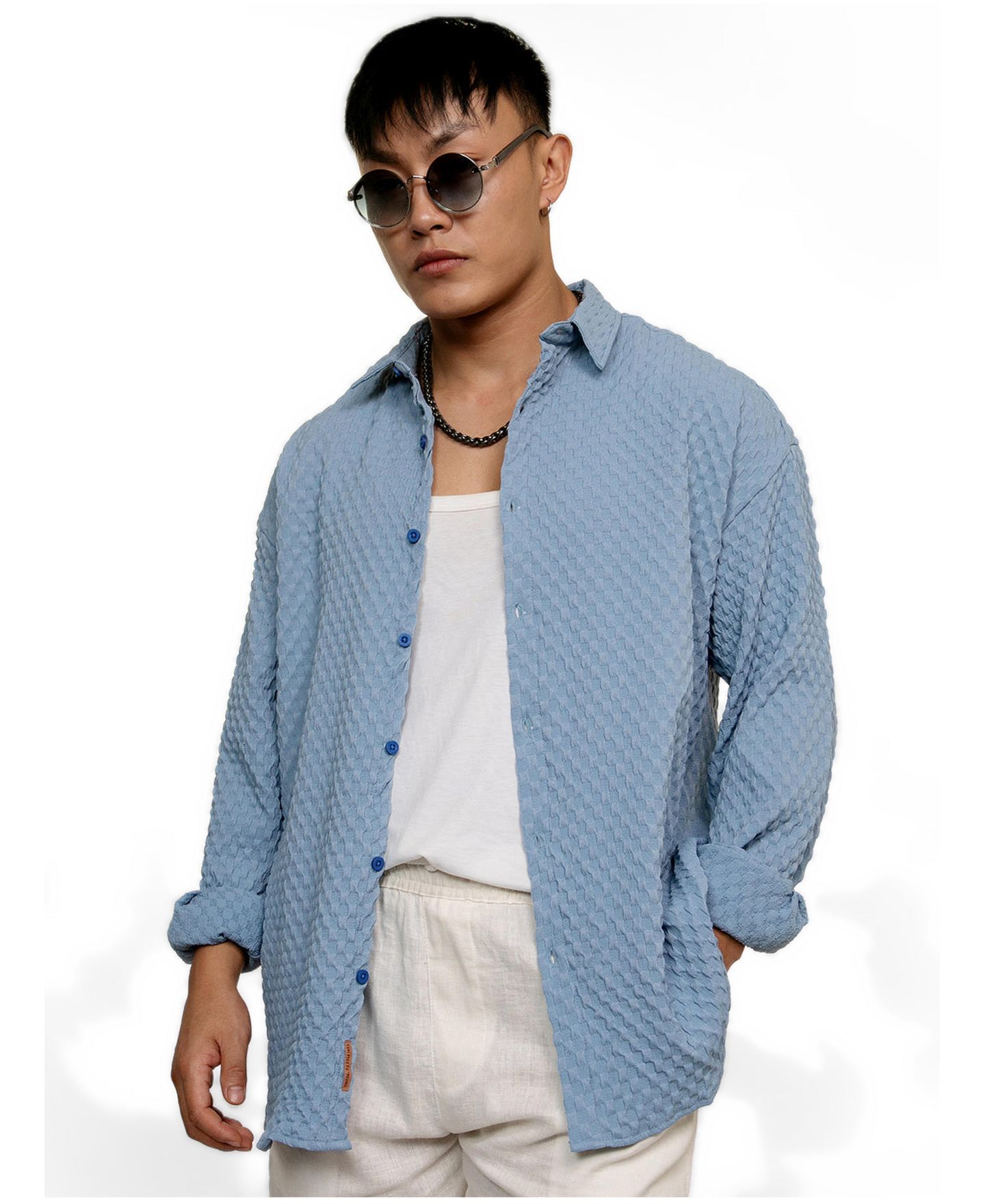 Мужская рубашка Cahoot Campus Sutra Cornflower Blue Cubic-Textured Oversized, цвет: Синий — фото 1
