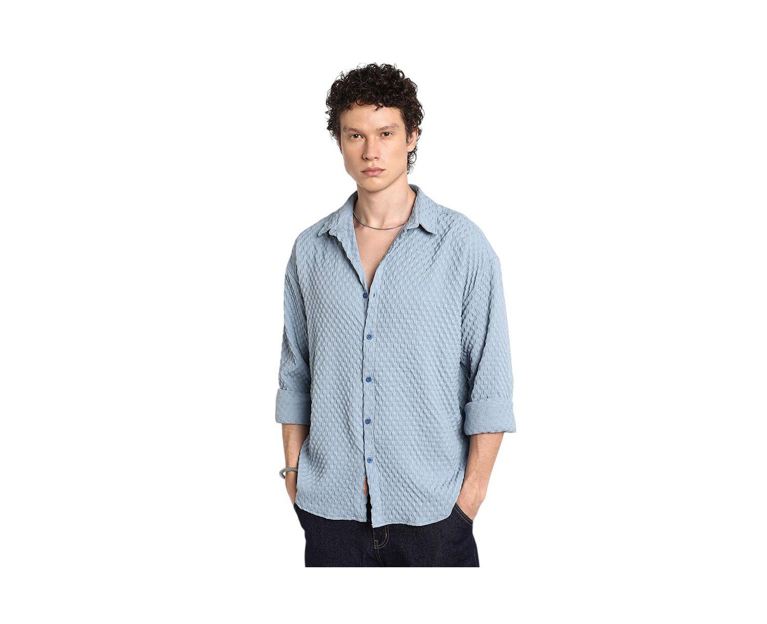 Men's Cornflower Blue Cubic-Textured Oversized Shirt