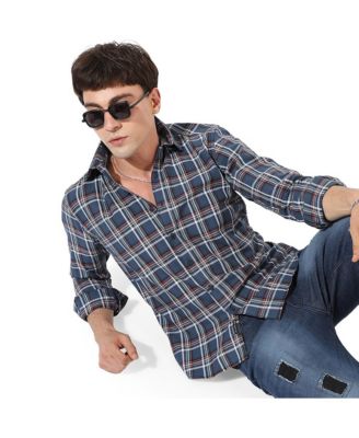 Men's Blue Checkered Regular Fit Casual Shirt