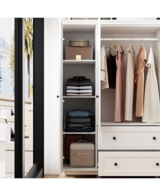 Modern Nordic style minimalist 4-door 2-drawer armoire, white wardrobe, bedroom closet