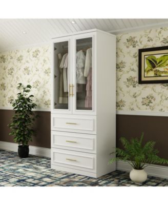 2-Door 3-Drawer Wardrobe with Tempered Glass – Bedroom Closet Armoire