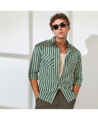 Men's Forest Green & Khaki Beige Candy Striped Oversized Shirt