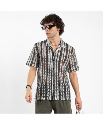 Men's Cream White & Midnight Black Multitrack Knit Oversized Shirt