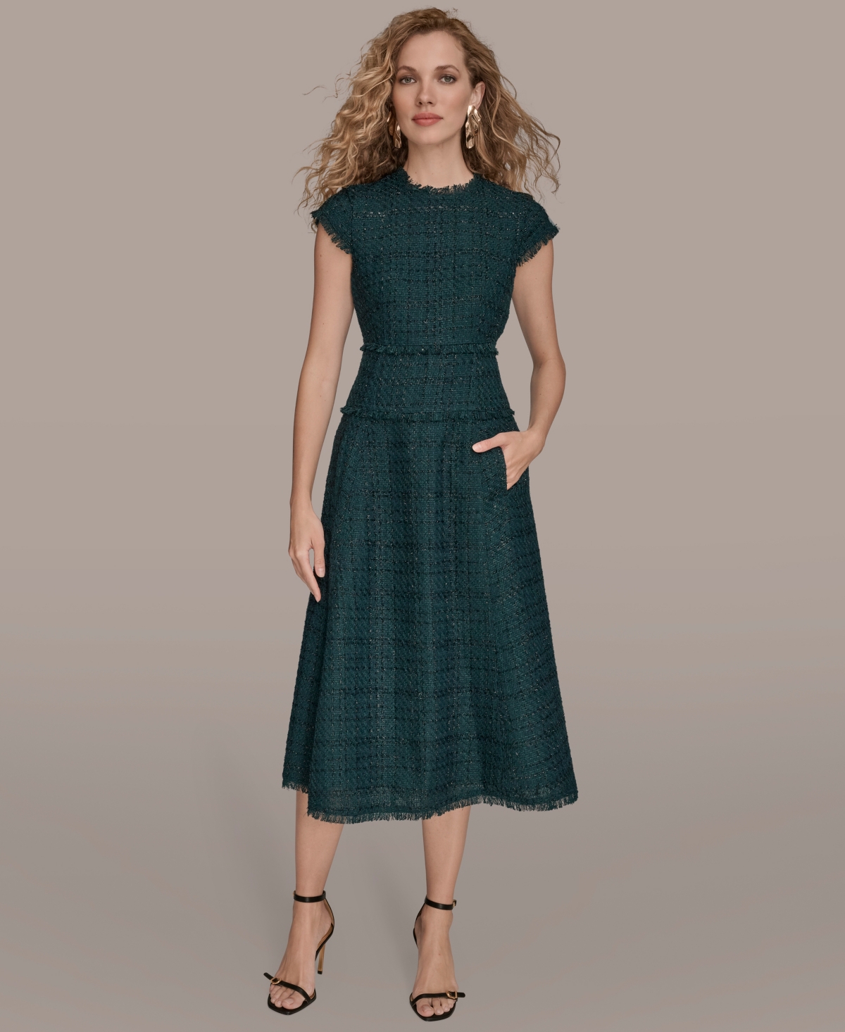 Donna Karan New York Metallic Tweed Midi Dress In Green