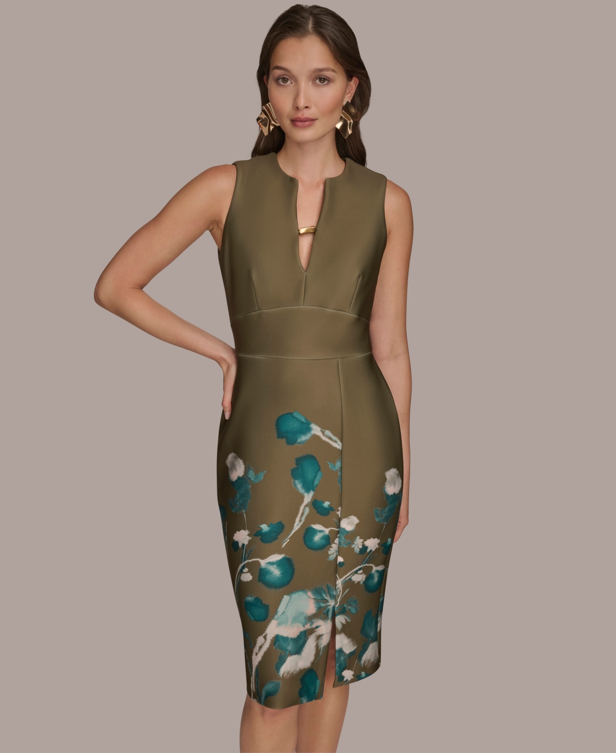 Donna Karan New York Floral Print Sleeveless Sheath Dress In Green