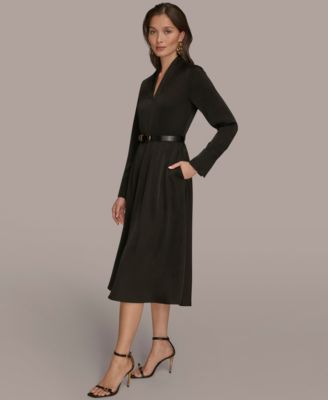 Women's Satin V-Neck Belted A-Line Midi Dress