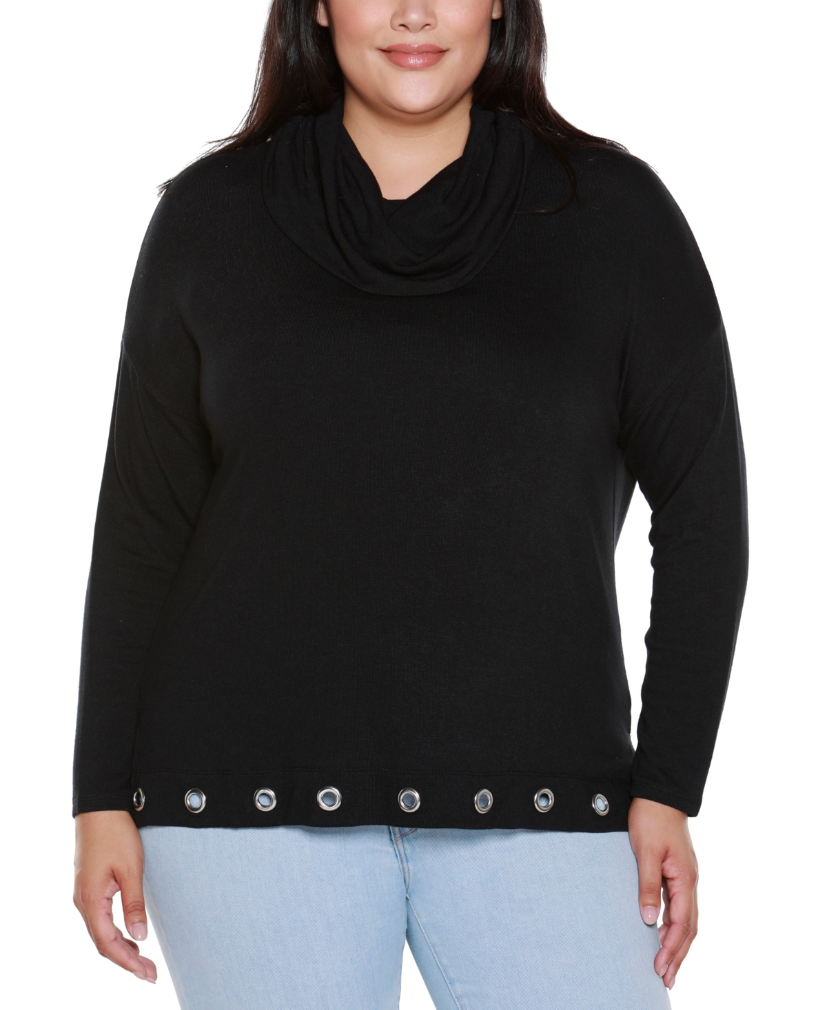 Belldini Plus Size Hacci Cowl Neck Knit Top In Black