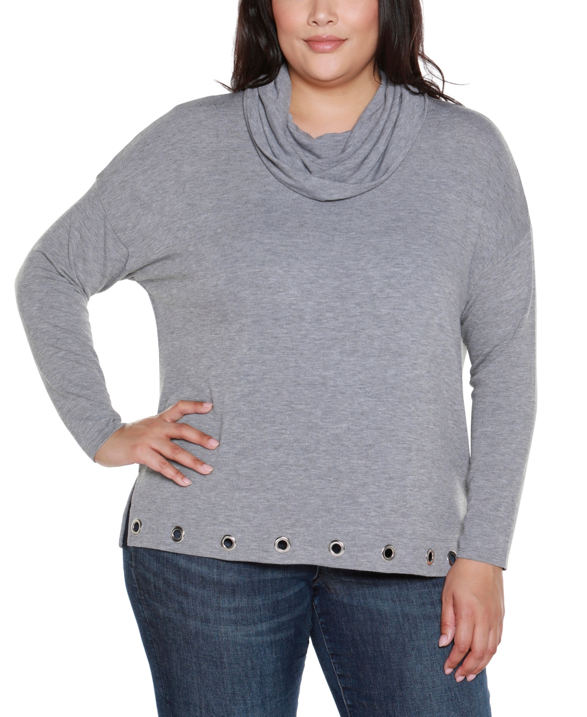 Belldini Plus Size Hacci Cowl Neck Knit Top In Gray