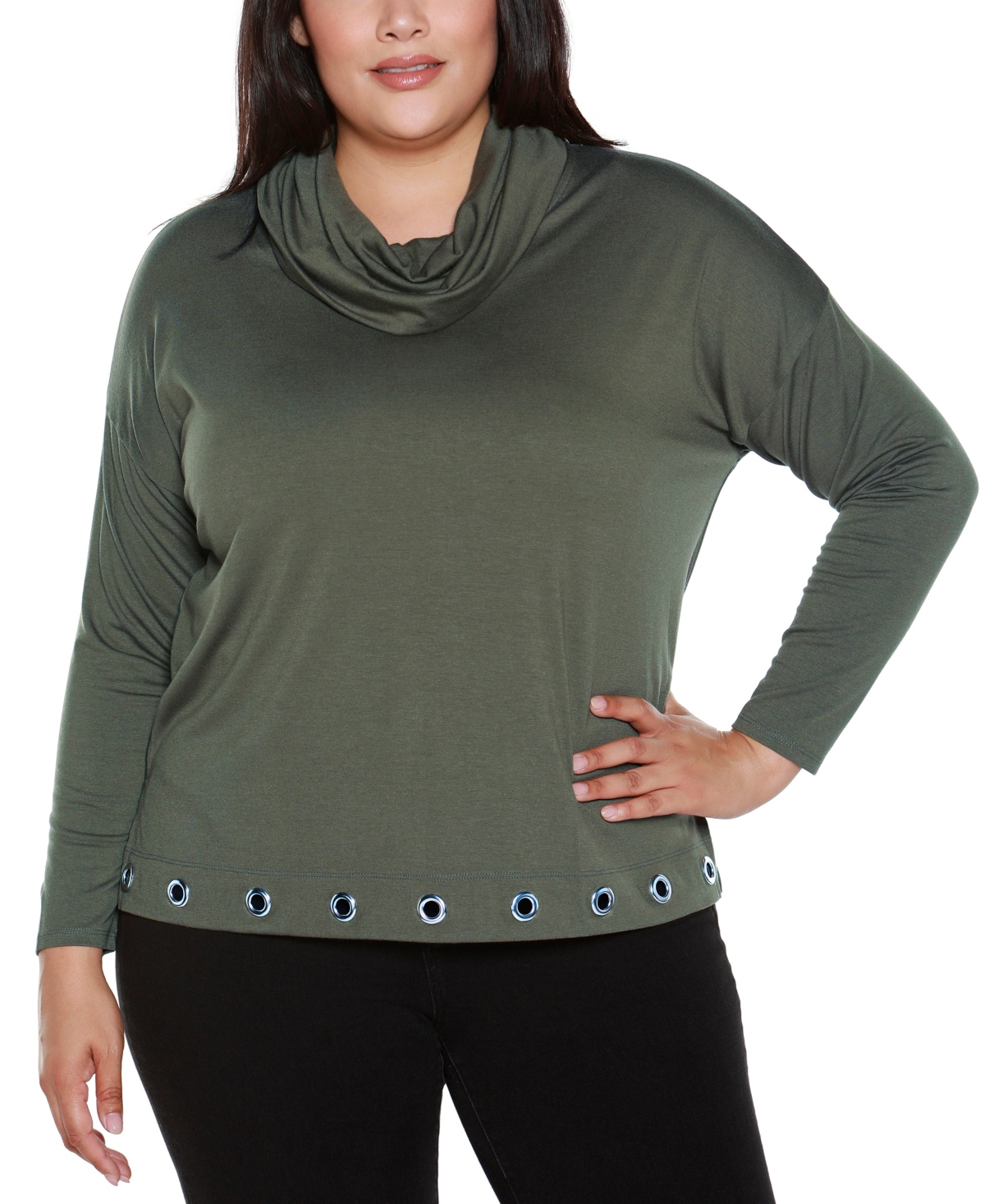 Belldini Plus Size Hacci Cowl Neck Knit Top In Green