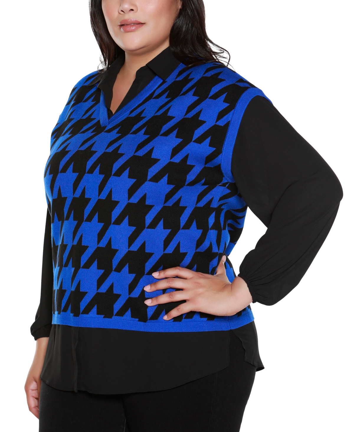 Belldini Plus Size Houndstooth Two-fer Sweater In Blue