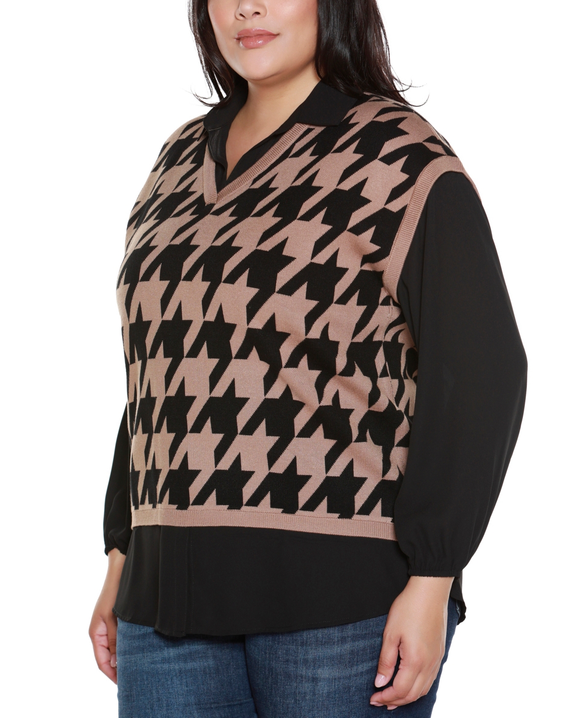 Belldini Plus Size Houndstooth Two-fer Sweater In Brown