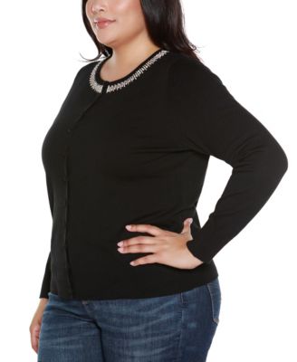 Plus Size Embellished Neckline Cardigan Sweater