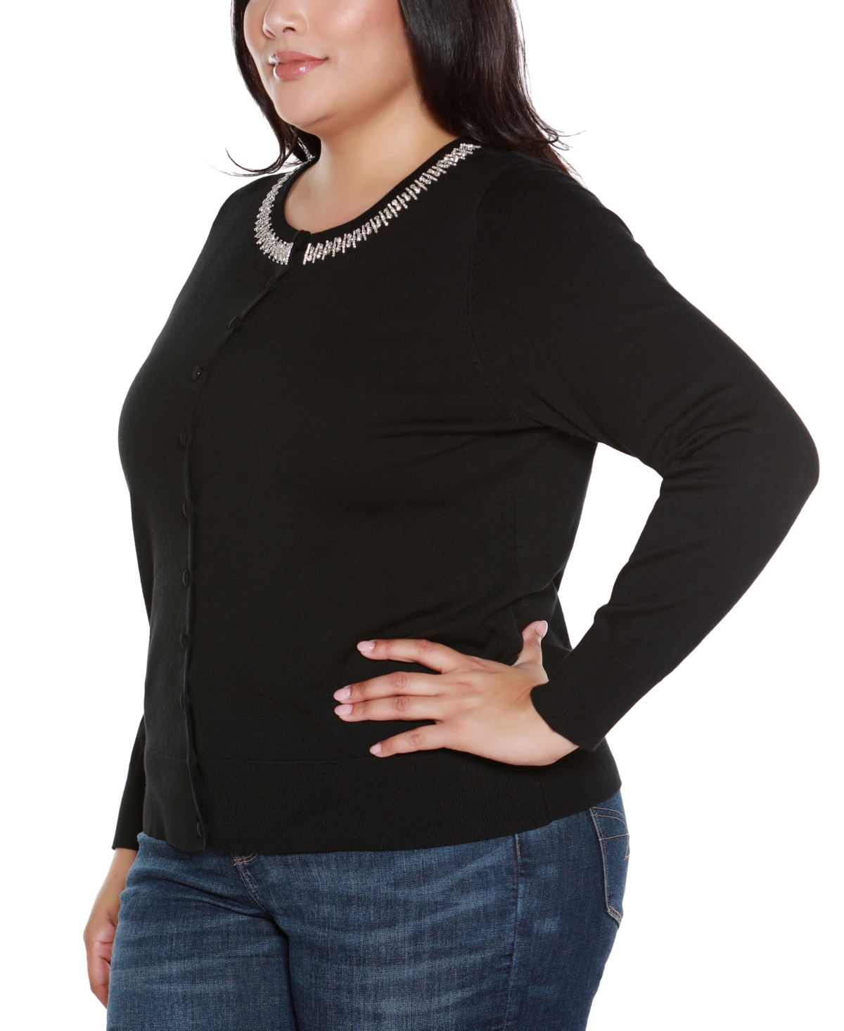 Belldini Plus Size Embellished Neckline Cardigan Sweater In Black