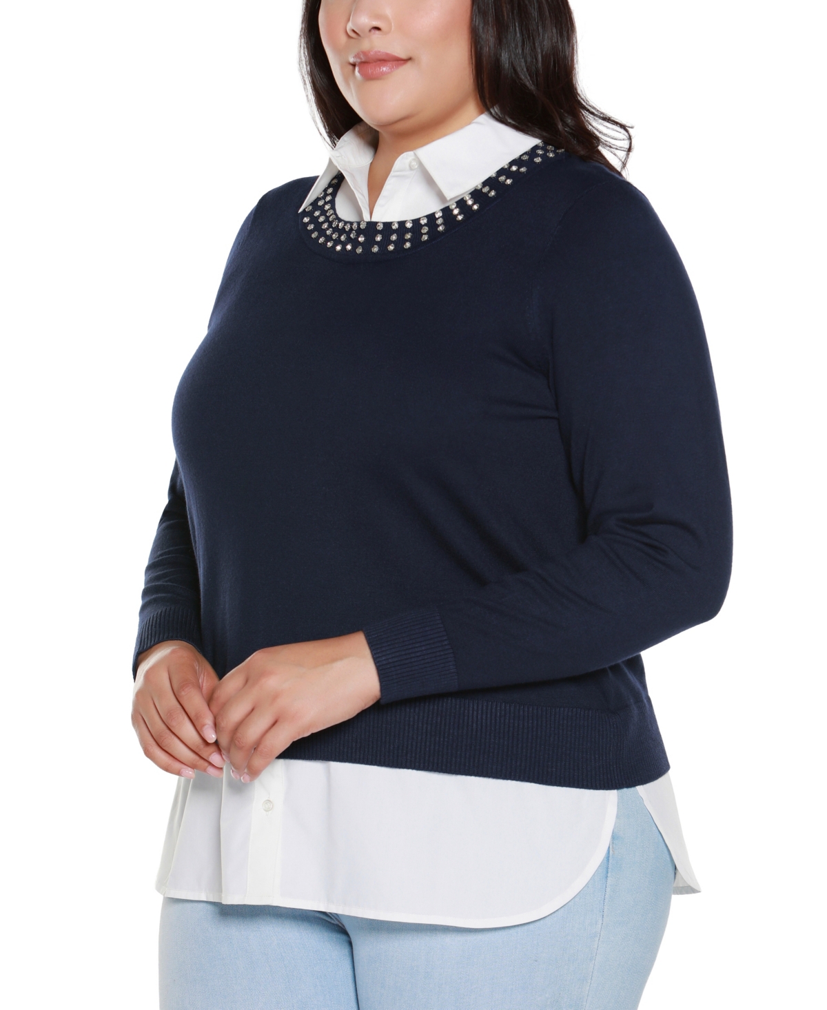 Belldini Plus Size Rhinestone-neckline Two-fer Sweater In Blue