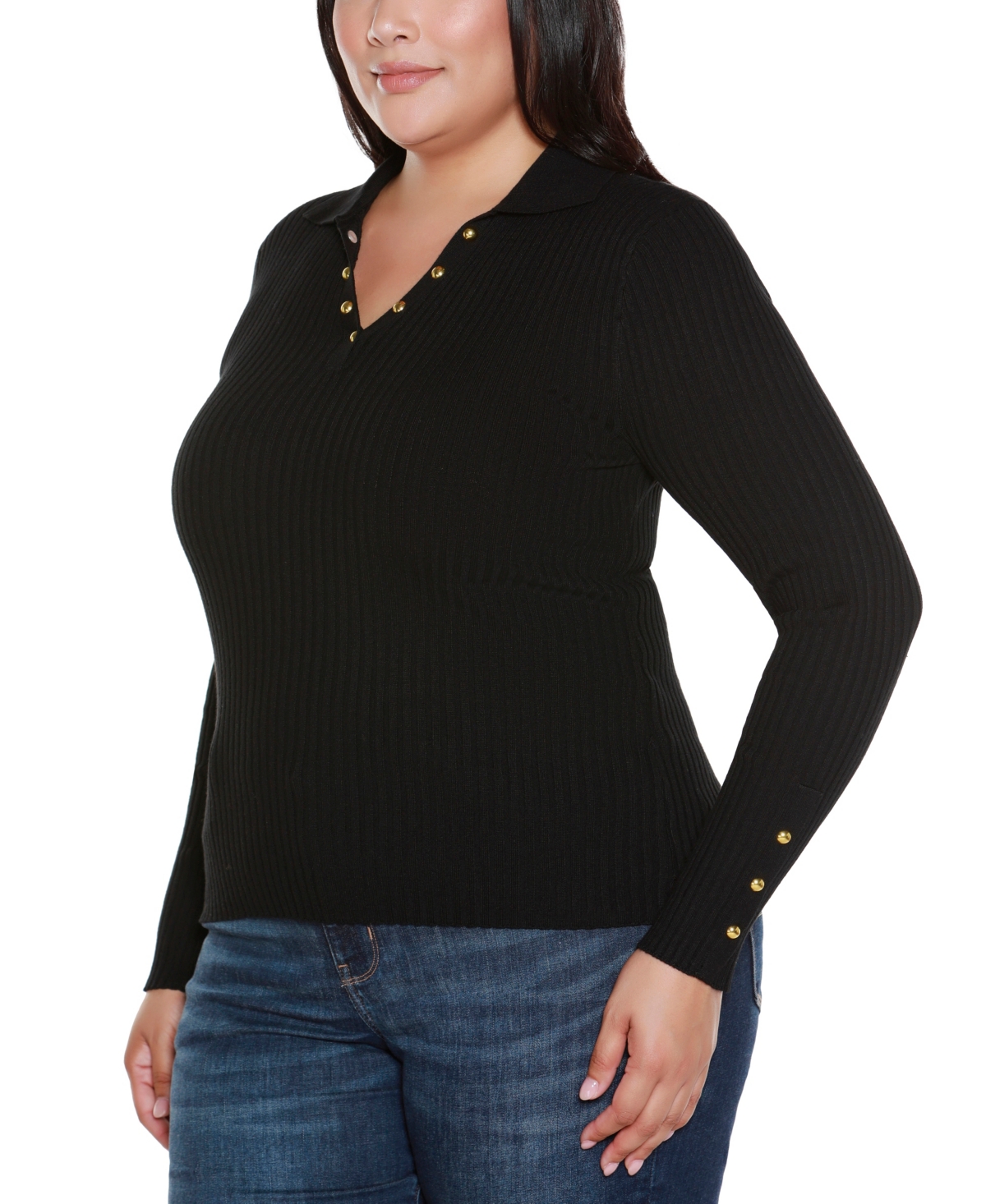 Belldini Plus Size Long Sleeve Johnny Collar Sweater In Black