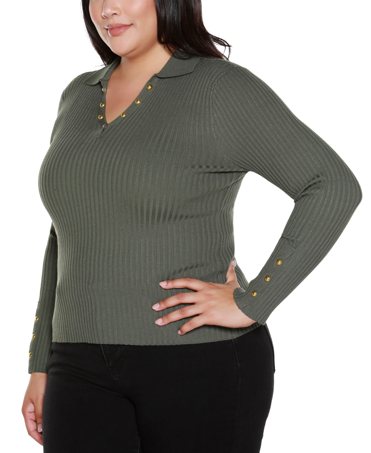 Belldini Plus Size Long Sleeve Johnny Collar Sweater In Green